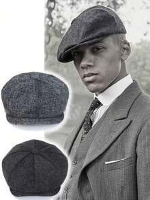 1pc Men's Newsboy Cap Herringbone Wool Knit Beanie Hat, Flat Cap Style - Multicolor - View 1