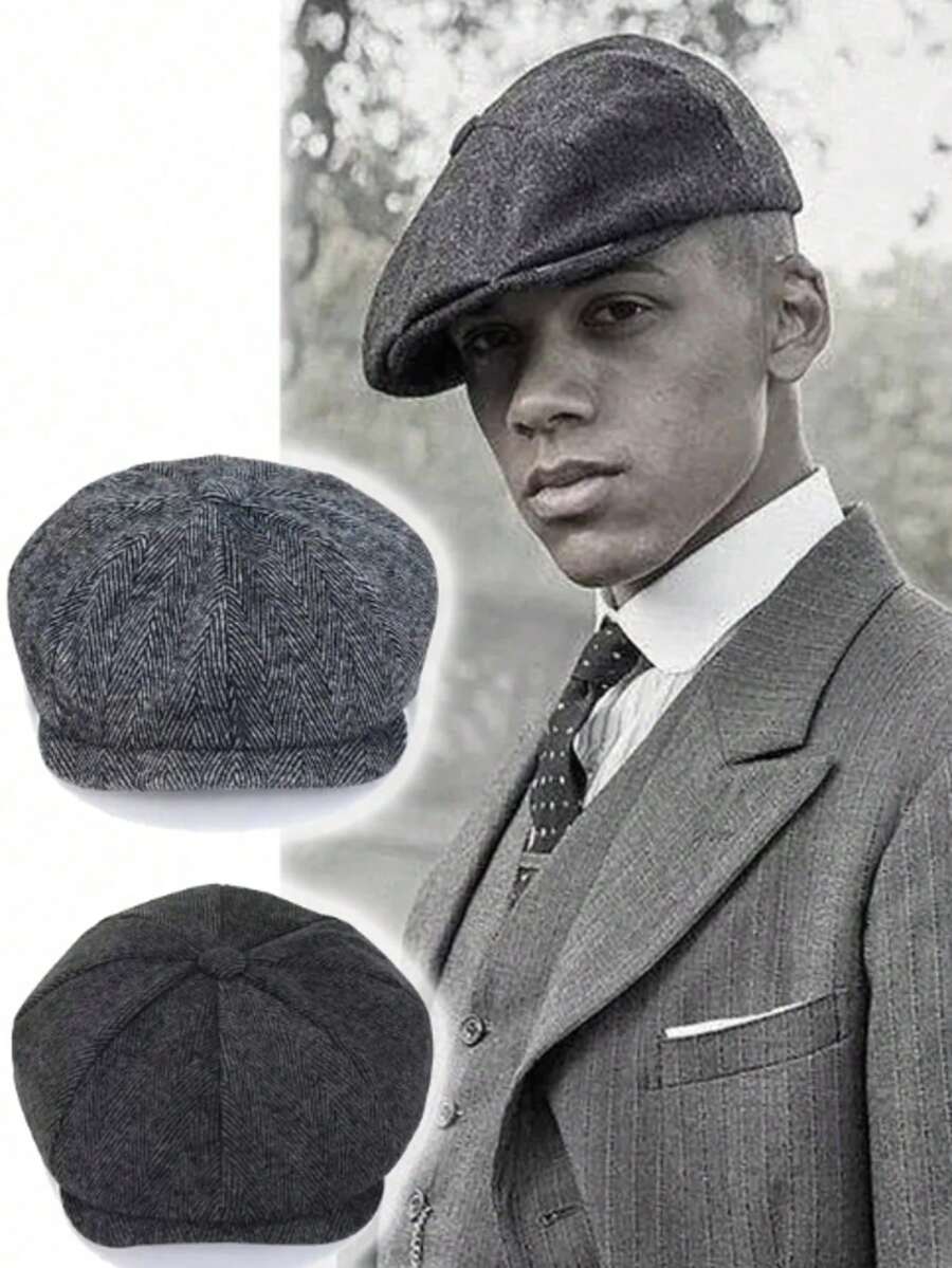 1pc Men's Newsboy Cap Herringbone Wool Knit Beanie Hat, Flat Cap Style - Multicolor - View 1