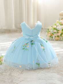 Baby Girls V-Neck 3D Floral Embroidered Mesh Princess Dress, Suitable For Birthday Party, Flower Girl, Wedding, Without Headband