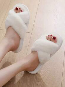 Women's Fashionable Fluffy Slippers, Cross Striped Fluffy Slippers, Soft And Lightweight Indoor Home Slippers, Quiet Carpet Slippers, Open Toed Slippers - White - View 7
