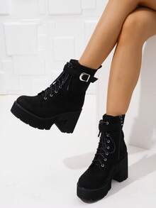 Botas de plataforma de tobillo de moda casual de otoño/invierno para mujer - Negro - Ver 13