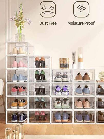 12 Pack Large Shoe Storage Organizer For Closet, Modular Space Saving Shoe Boxes Clear Plastic Stackable Containers Display Case Bins With Lids, Shoe Rack For Sneaker Storage, White