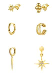 6 Pcs Lucky 24K Gold Plated Cubic Zirconia Stars Stud Earrings For Women Zirconia Drop Dangle Hoop Earrings Set