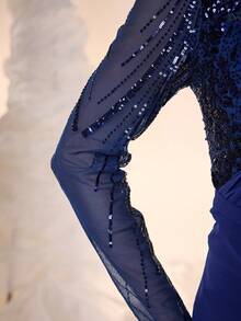 Mgiacy, New Arrival, Round Neck, Sequin, Shining, Ball Dress, Belt, Perspective, Ruffle, High Slit, FOR, Prom Wedding, Party Dress, Wedding Guest Dress, Evening Dress - Royal Blue - View 8