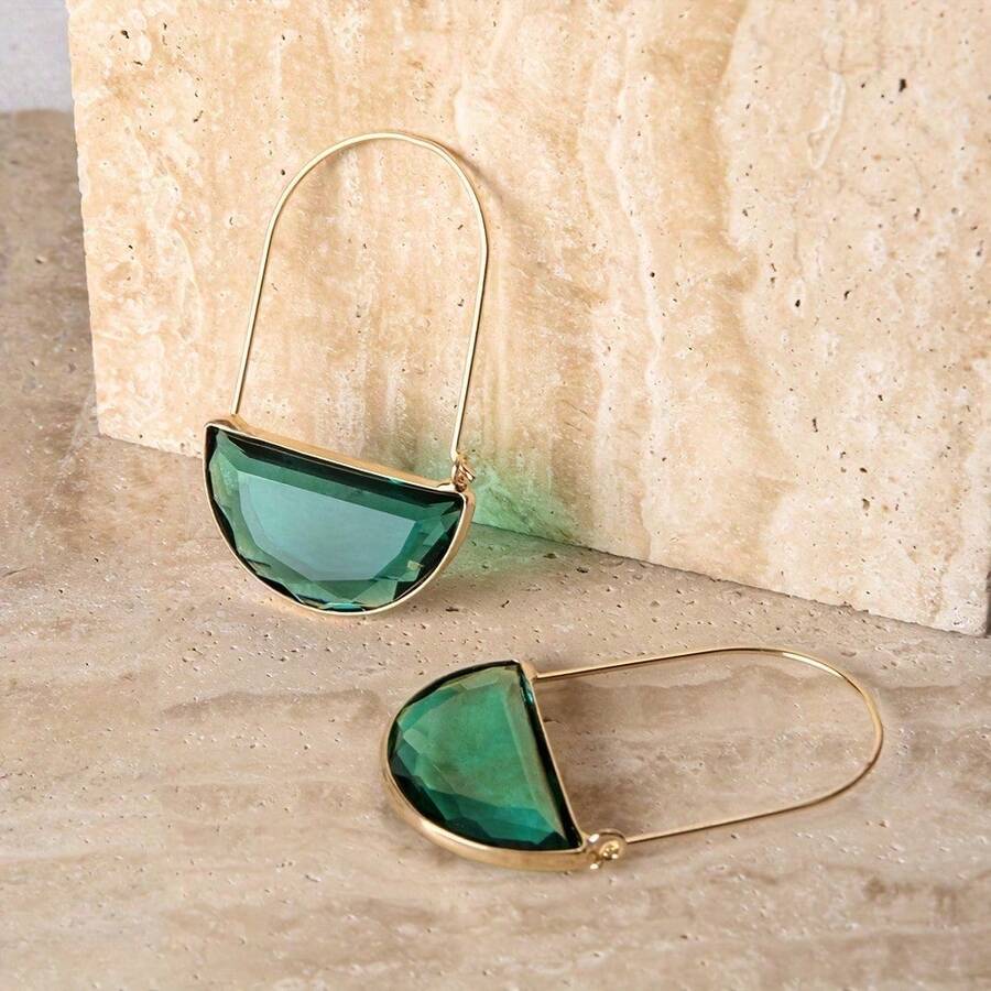 Bohemian Geometric Earrings For Women - Semicircle Clear Green And Gold Synthetic Stone Circle Earrings, Lightweight Everyday Party Jewelry, Cute Earrings - 綠色 - 查看 1