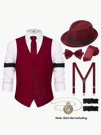 1920s Mens Costume,Roaring 20s Costumes For Men,Gatsby Costume Men,1920s Mens Outfit Hat Vest Pocket Watch Tie-Not Including The Shirt