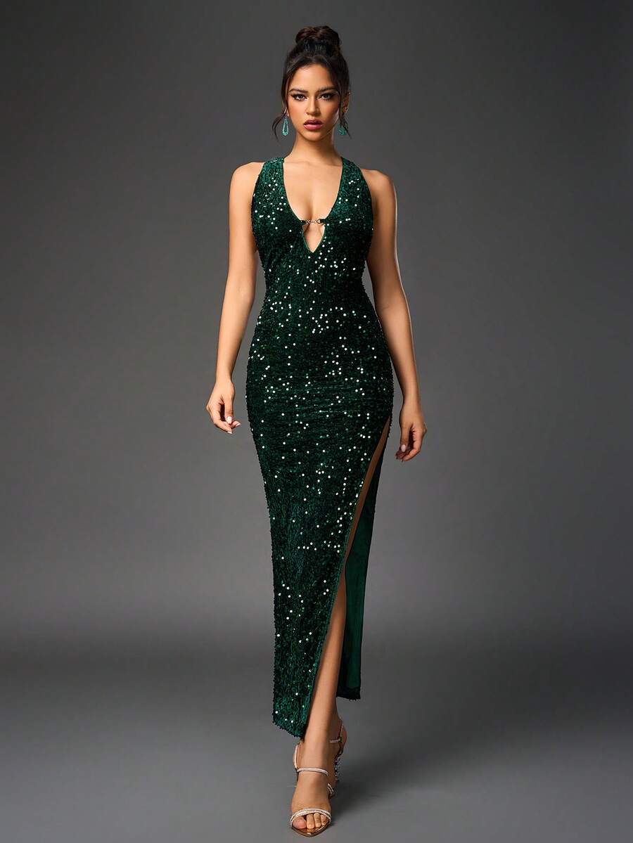 PARTHEA Deep V-Neck Backless Slit Thigh Sequin Velvet Maxi Dress - Green - View 1