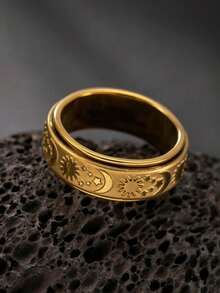 男士星星月亮戒指不锈钢18k镀金焦虑戒指时尚复古珠宝适合日常佩戴节日礼物 - 金黃色 - 查看 8