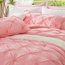 Pink King Size Comforter Set - 3 Pieces Boho Pintuck Lightweight Soft & Warm Bedding Set With 2 Pillowcases For All Season,  Design - 粉色 - 查看 5