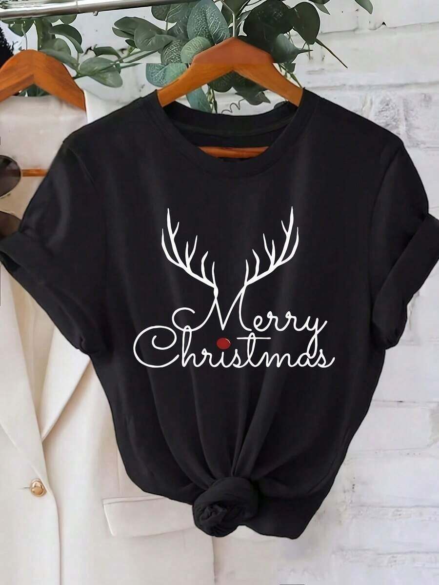 % Cotton Women's Plus Size Christmas Shirt - Soft Everyday & Party Top With Merry Christmas Lettering - Machine Washable Black Holiday Tee - Round Neck Casual Outfit For Women - All-Season Festive Apparel, Christmas Blouses, Holidaythemed Design2025 - màu đen - Xem 1