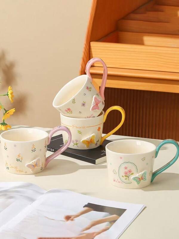1 pieza Taza con relieve floral y mariposa, hermosa vajilla para el hogar, la oficina, la residencia estudiantil, el desayuno, el agua, regalo, cumpleaños, cafetería, amigos