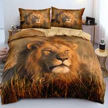 Conjunto de capa de edredom com retrato de leão fotorrealista impresso em 3D, 2/3 peças, com tema de arte da vida selvagem, conjunto de capa de edredom de microfibra, conjunto de cama com textura detalhada para decoração e eventos inspirados na natureza (tamanho 135 x 200, apenas 1 fronha)