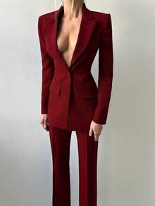 2 件套女士西装套装：西装外套和裤子，秋冬 - 紅色 - 查看 5