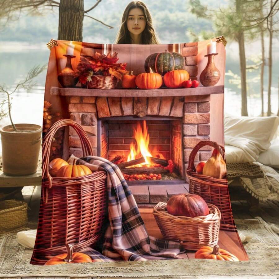 Cozy Fireplace With Pumpkins Printed Blanket - Soft Lightweight Flannel, All-Season Warmth For Sofa, Bedroom, Living Room, Bed, Couch, Chair, Office, Camping - Machine Washable, Contemporary Style, Perfect Gift For Family & Friends, Fireplace Decor