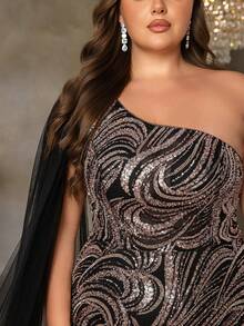 Women's Plus-Size One-Shoulder Sequin Mermaid Evening Gown With Detachable Cape Sleeve & Corset Back, Elegant Formal Dress With Trumpet Hem For Black Tie Galas, Wedding Guest Dresses, Mother Of The Bride Gowns, Red Carpet Events, And Formal Dinners - Black - View 6