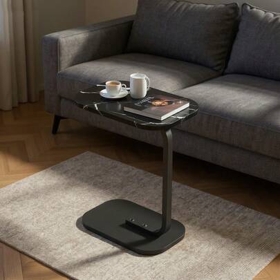 C-Shaped Sofa Side End Table For Living Room, Metal Base, Wood Tabletop (Rectangle, Brown Walnut),Christmas