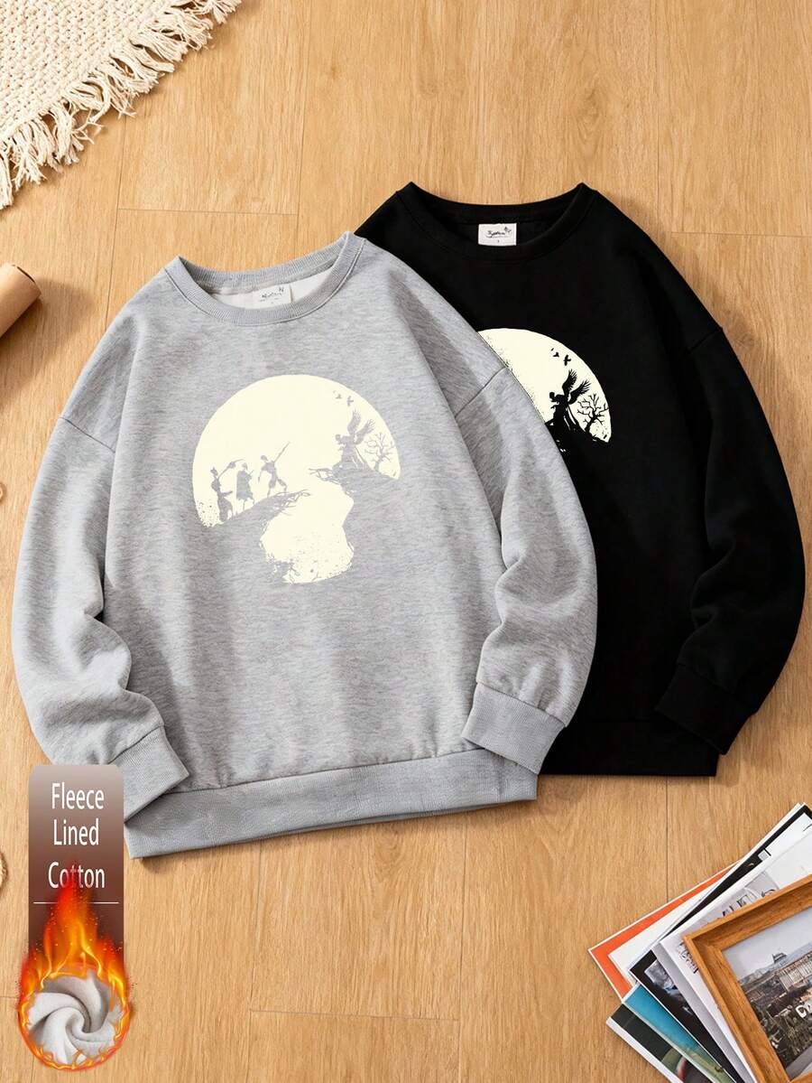 Warner Bros Felpa da uomo in cotone con spalle scese, modello con fantasia avventurosa al chiaro di luna, tessuto spesso casual per autunno e inverno, felpa oversize ampia e calda in pile spesso, adatta per il freddo, set da due pezzi nero e grigio