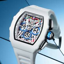 ONOLA Brand Chronograph Quartz Watch For Men Tonneau Dial Sport Waterproof Wristwatch Milk White Silicone Strap Auto Date Watch - 白色 - 查看 1