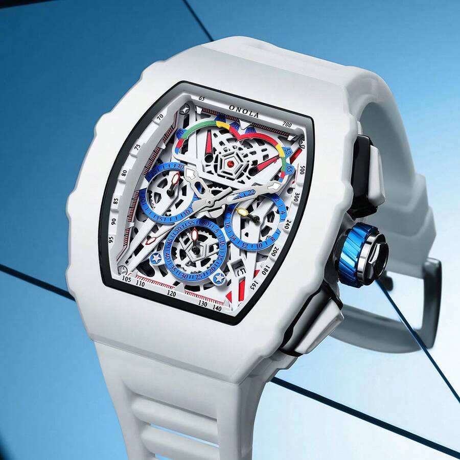 ONOLA Brand Chronograph Quartz Watch For Men Tonneau Dial Sport Waterproof Wristwatch Milk White Silicone Strap Auto Date Watch - 白色 - 查看 1