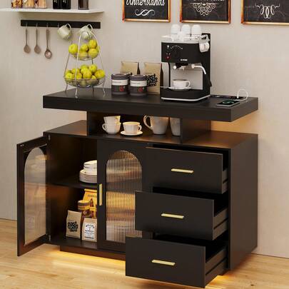 Vlsrka Buffet con Almacenamiento con Luz y Estación de Carga, Alacenas para Cocina con 3 Cajones y 2 Puertas de Acrílicas, Gabinete de Almacenamiento para Comedor, Sala, 100x80x40
