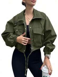 Fisoew Womens Cropped Jacket Zip Up Lightweight Oversized Utility Anorak Coat With Pockets - xanh quân đội - Xem 3