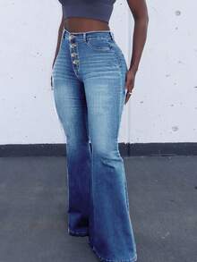 Women's Multi-Button Stretch Flared Jeans Bootcut Pants- Mid Waist Slim Fit Retro Denim Pants For Women - 淺色水洗藍 - 查看 2