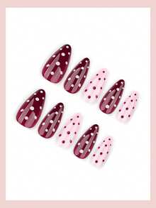 24片中号杏仁形美甲贴纸，红粉波点设计，复古风格，亮面全覆盖，适合女性和女孩日常佩戴，美甲用品 - 彩色 - 查看 3