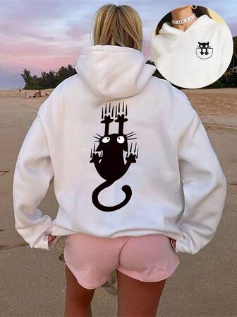 Plus Size Women's College Kitten Pocket & Black Cat Graphic Hoodie Hooded Long Sleeves Casual Spring/Summer/Fall Women's Plus-Size Long-Sleeved Hoodie Sweatshirt Halloween Going Out Tops Women,Vacation Outfits Women