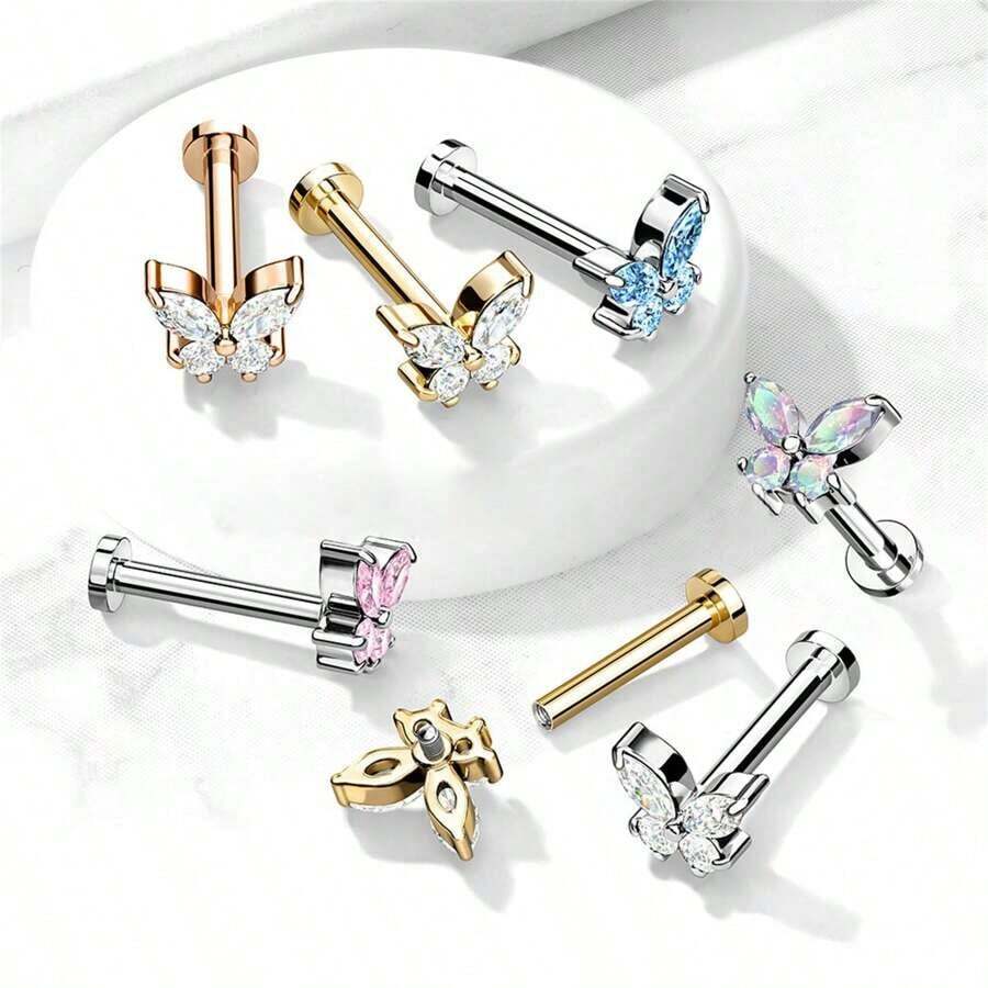 1PC CZ Butterfly Top Internally Threaded 316 Stainless Steel Flat Back Stud Earrings – Versatile Labret, Monroe, Cartilage Piercing Jewelry For Women – Hypoallergenic, Durable, And Stylish Accessory For Everyday Wear And Special Occasions - 蝴蝶 - 查看 1