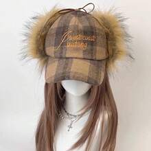 1pc Autumn/Winter New Korean Ins Plaid Fluffy Ear Protection Baseball Cap, Women Warm Versatile Small Face Fashion Baseball Cap, Embroidered Letter Plaid Dual-Wear Fleece Trapper Hat, Unisex Fashion Commuting - View 2
