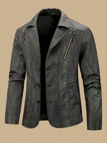 男士休闲西装外套缺口翻领三扣复古机车仿皮夹克外套，商务休闲做旧翻领西装外套，金属拉链口袋 PU 皮夹克，适合派对、商务、秋冬，修身版型