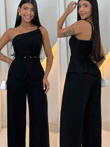 Women's Set: One-Shoulder Asymmetrical Blouse And Wide-Leg Pants With Belt - Black - View 1