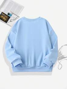 1PC Girl Sweet And Cute Style Cartoon Leopard Cat Print Crew Neck Sweatshirt, Soft And Comfortable, Spring Autumn Daily School Wear - Blue - View 3