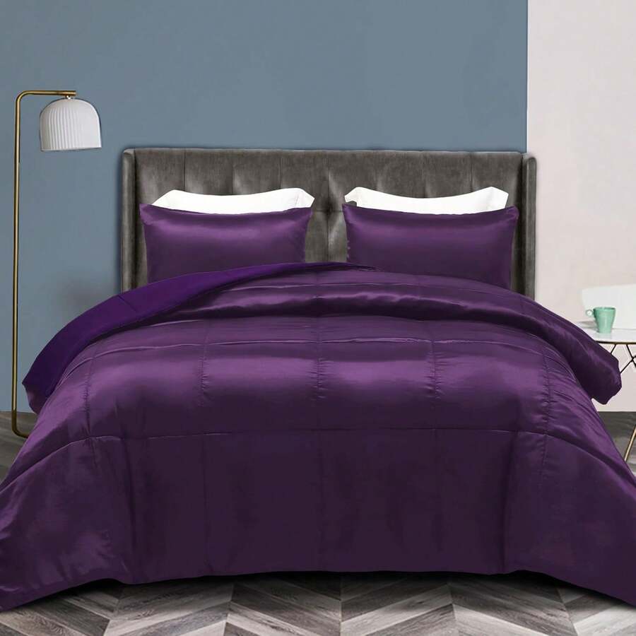 3-Piece Reversible Queen Size Silky Comforter Set/Bedding Set, Luxury Soft Satin Comforter With 2 Satin Pillowcases, Lightweight Duvet Set For All Seasons, Black - 紫色 - 查看 1