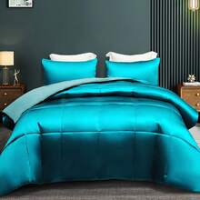 3-Piece Reversible Queen Size Silky Comforter Set/Bedding Set, Luxury Soft Satin Comforter With 2 Satin Pillowcases, Lightweight Duvet Set For All Seasons, Black - 綠松石 - 查看 1