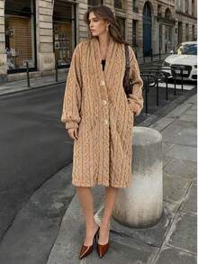 Women's Elegant Jacquard Long Sleeve Button Down Long Casual, Date, Street Wear Coat, Autumn/Winter - Brown - View 2