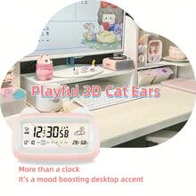 可爱3D猫耳数字闹钟 - 透明液晶显示屏，实时显示天气/温度/湿度，一键定时器，设置简单，轻柔唤醒和贪睡功能，内置夜灯，是卧室、办公室和旅行的理想之选，也是节日礼物的完美选择。 - 彩色 - 查看 7