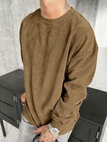 男士休闲复古灯芯绒卫衣，长袖上衣 - 卡其色 - 查看 2