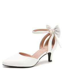 MAIERNISI JESSI Women's Wedding Evening Party Bow Kitten Heels Pumps Ankle Strap Buckle Dress Shoes - 白色霧面 - 查看 12