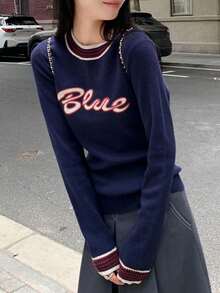 Christmas & New Year Letter Print Striped Contrast Collar Long Sleeve Crew Neck Sweater Top For Women, Casual College Style Suitable For Outings And Commuting, Autumn/Winter - Royal Blue - View 4