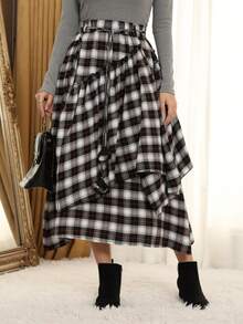 Scottish Style Women's Tartan Skirt - Elegant High Waist With Celtic FringeFlowyAsymmetrical Hem | Non-Stretch Fabric | All-Season Wear - 黑與白 - 查看 6