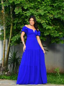Long Off-The-Shoulder Dress With Ruffles, V-Neckline, Elegant, Charming Sleeves - Royal Blue - View 7