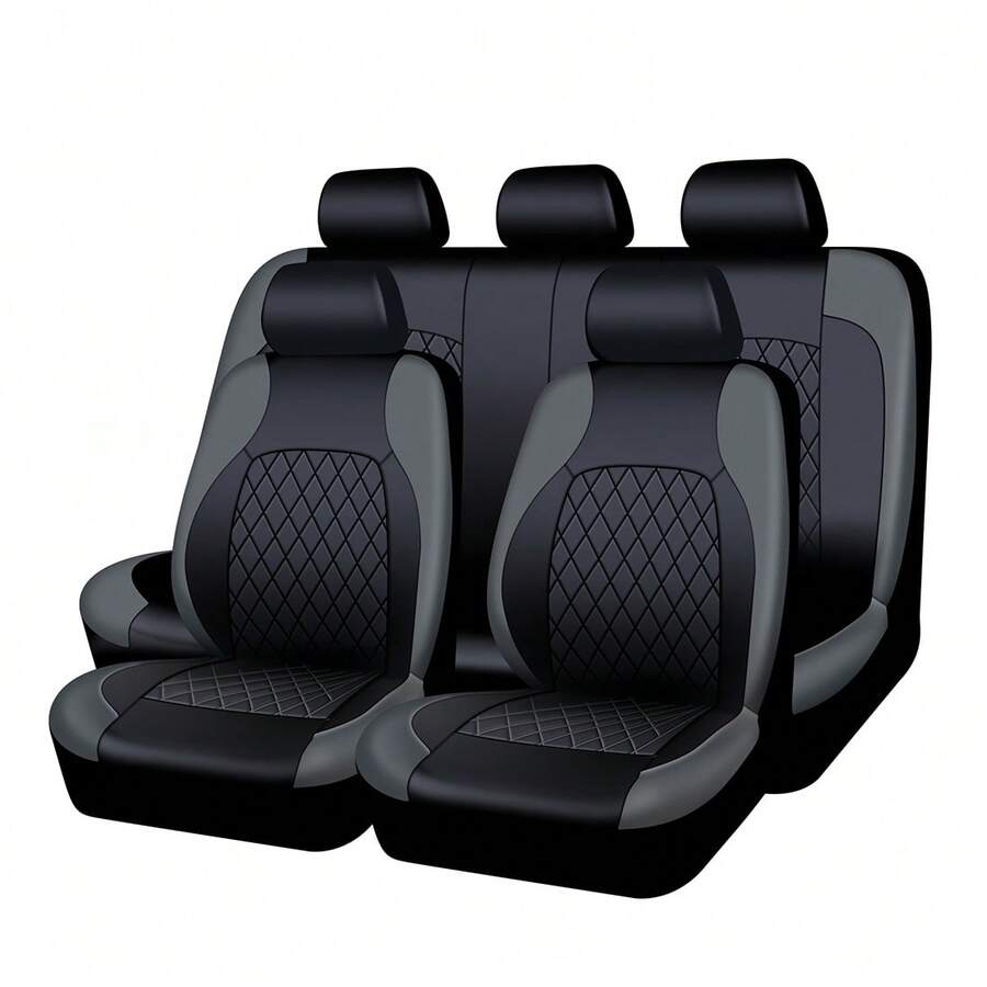 9PCS Car Seat Cover PVC Fabric Fashion Sport Seat Cover Car Interior Accessories,Car Seat Cover Full Set - 灰色 - 查看 1