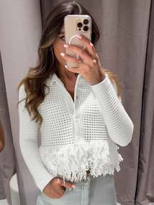 Áo khoác cardigan dệt kim dài tay màu trắng tối giản, thanh lịch, cổ bẻ, lãng mạn dành cho nữ, áo cardigan dệt kim khoét lỗ tua rua mùa xuân/hè, áo kiểu mùa xuân. - Bạch Tuyết Bay - Xem 3