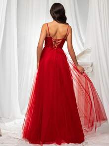 VIPGIRL Women's High-End Luxury Embroidered Slit Strap Formal Dress, Elegant Party Gown - Red - View 3