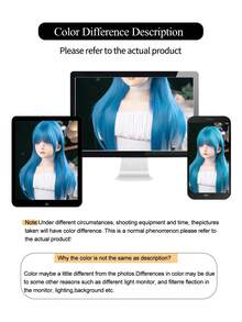 长直分层直发蓝色假发带刘海假发女士日常使用合成分层混合蓝色头发直发假发适合万圣节角色扮演派对 1 件 - 彩色 - 查看 8