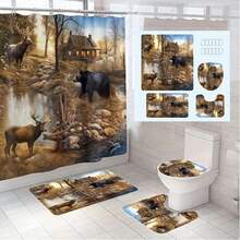 4-Piece Bear & Deer Scenic Decor Bathroom Set, Waterproof Shower Curtain With 12 Hooks, Non-Slip Bath Mat, U-Shaped Toilet Mat, Toilet Lid Cover, Bathroom Decor