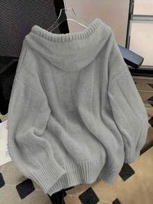 女款秋冬休閒連帽針織開襟衫，寬鬆長袖套頭毛衣，附口袋與抽繩帽 - 淺灰色 - 查看 2