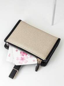Women's Short Wallet, PU Woven Fabric Patchwork Contrast Color, Fashionable Snap Closure, Large Capacity, Multi-Card Slots, Multi-Function Card Holder, Zipper Coin Purse, Compact & Lightweight, Suitable For Holiday Gifts - Beige - View 3