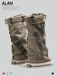 Alan Vincent[Local Delivery][Quick Arrival]Letter Graffiti Canvas Trouser Boots Women's Pleated Pile Boots Niche Design  Women's Canvas Boots Women's Mid-Calf Boots Party Shoes Box Packaging - 卡其色 - 查看 4